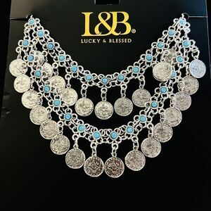 Lucky & Blessed Bohemian Floral Blue Silver Coin Layered Dangle Bib Necklace L&B